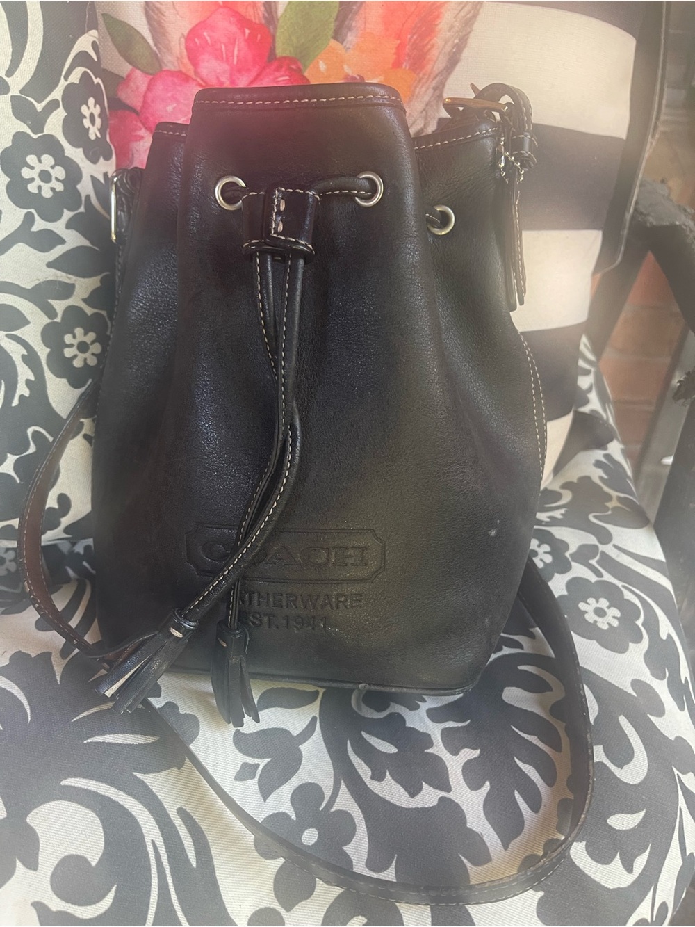 COACH Black Leather Drawstring Bucket Crossbody